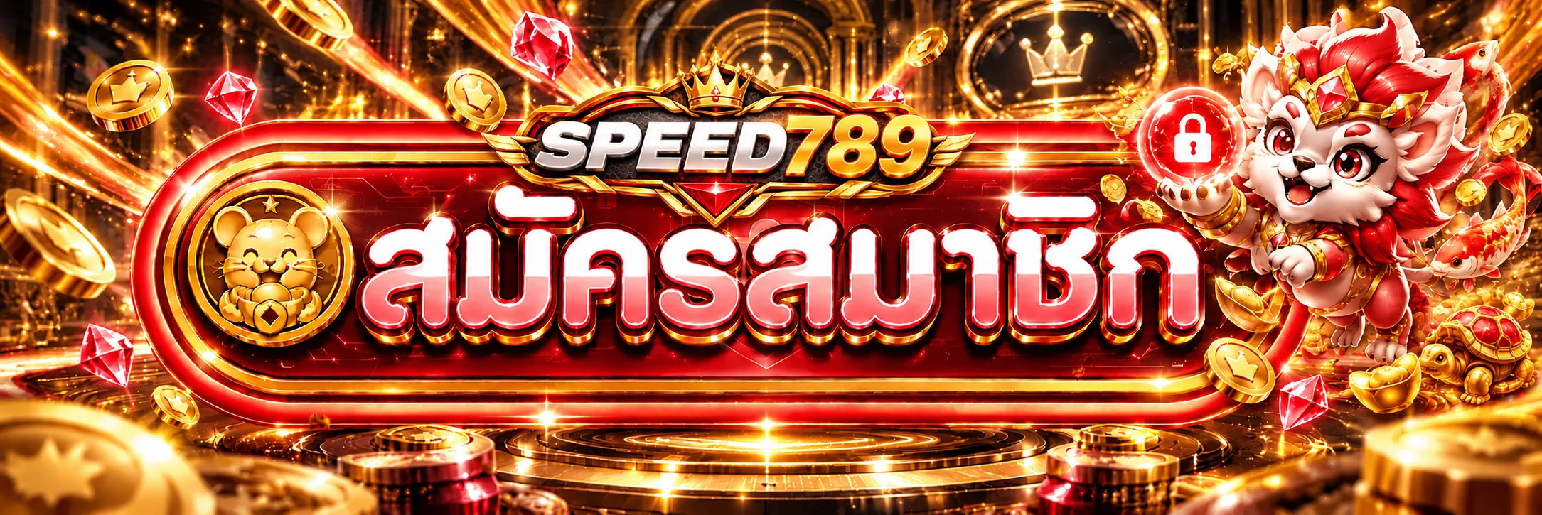 ป้ายสมัครสมาชิกและทางเข้า SPEED789 บนพื้นหลังสีส้มทอง